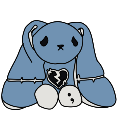 a light blue plush rabbit with white accents. there is a black broken heart on its chest, a black semicolon on its foot, and stitching or scar marks on the ears and chest.